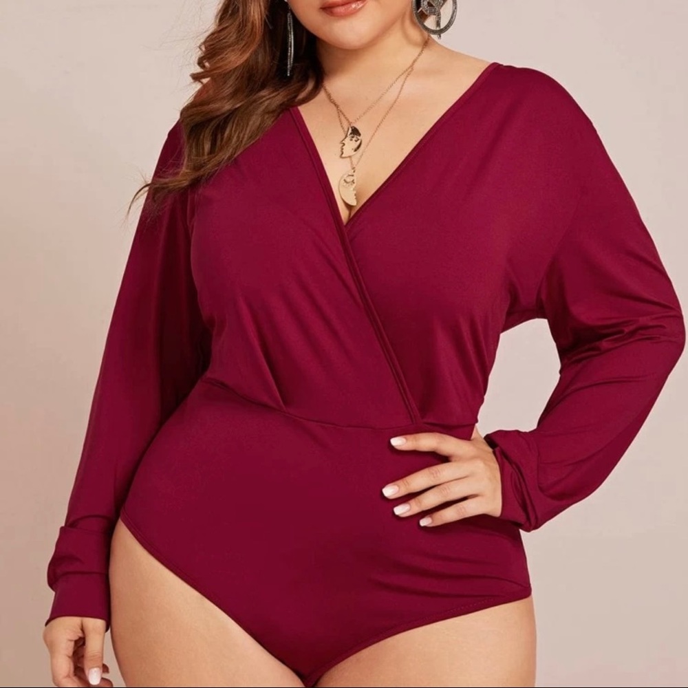Burgundy / Red Plus Surplice Neck Bodysuit